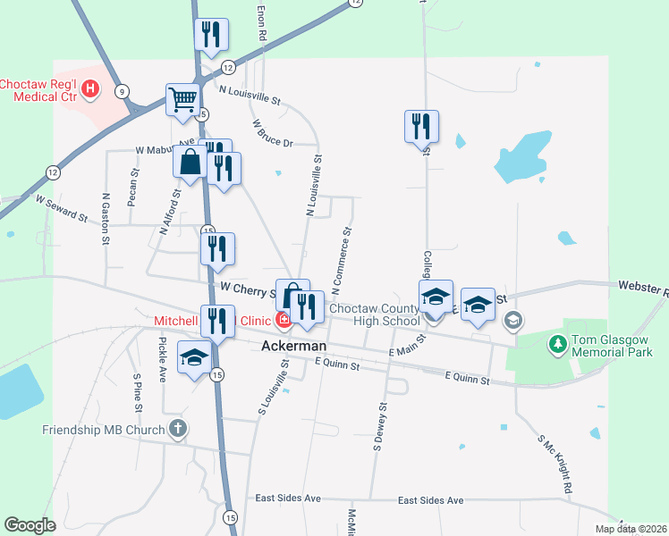 map of restaurants, bars, coffee shops, grocery stores, and more near 203 North Commerce Street in Ackerman