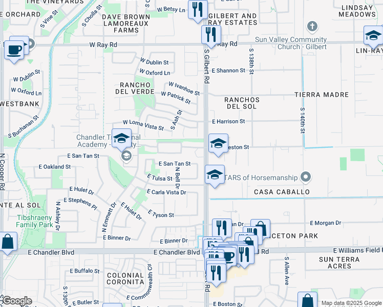 map of restaurants, bars, coffee shops, grocery stores, and more near 14822 South Gilbert Road in Gilbert