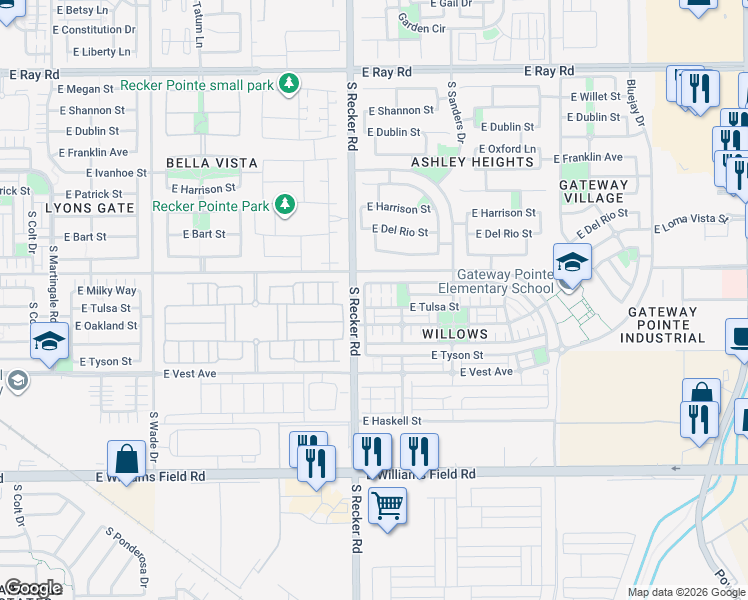 map of restaurants, bars, coffee shops, grocery stores, and more near 4036 East Tulsa Street in Gilbert