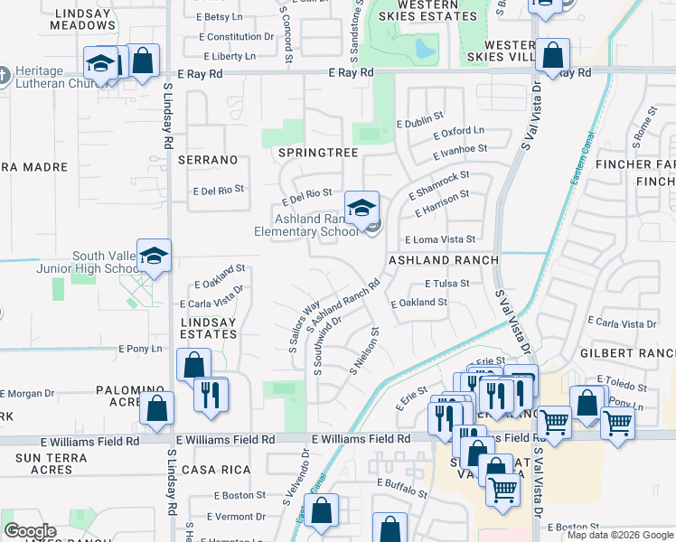 map of restaurants, bars, coffee shops, grocery stores, and more near 1124 East Eli Court in Gilbert