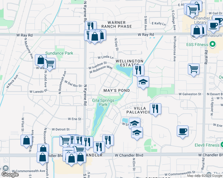 map of restaurants, bars, coffee shops, grocery stores, and more near 701 North May Street in Chandler