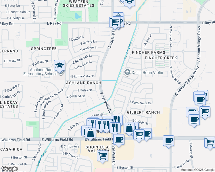 map of restaurants, bars, coffee shops, grocery stores, and more near 2025 South Val Vista Drive in Gilbert