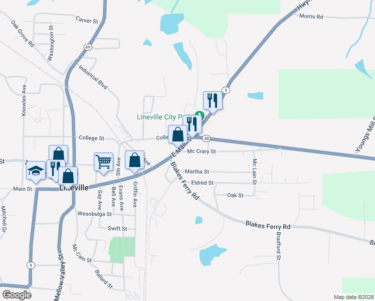 map of restaurants, bars, coffee shops, grocery stores, and more near 89445 Alabama 9 in Lineville