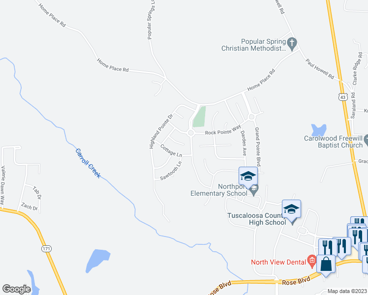 map of restaurants, bars, coffee shops, grocery stores, and more near 12700 Leatha Circle in Northport