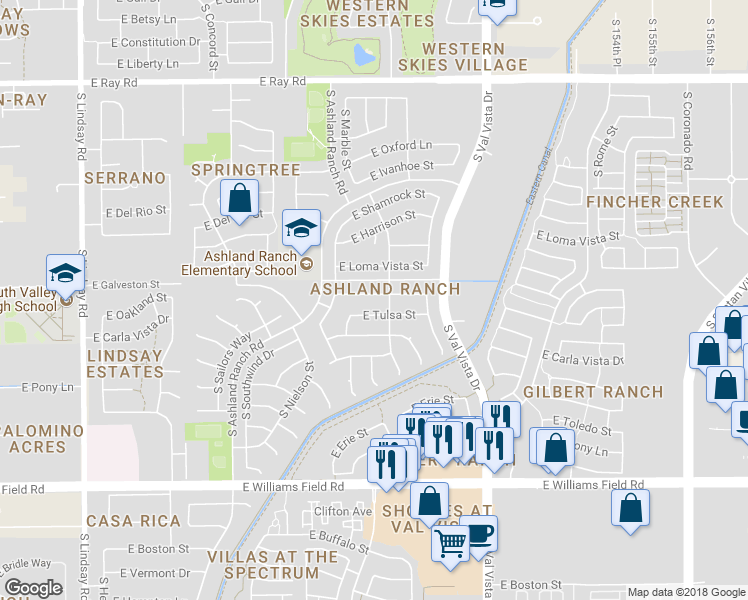 map of restaurants, bars, coffee shops, grocery stores, and more near 1435 East Galveston Street in Gilbert