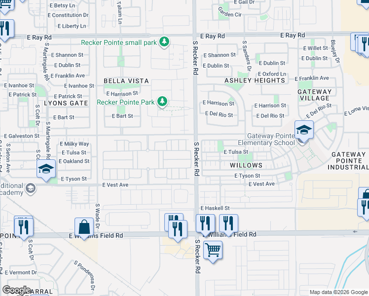 map of restaurants, bars, coffee shops, grocery stores, and more near 3944 East Turley Street in Gilbert