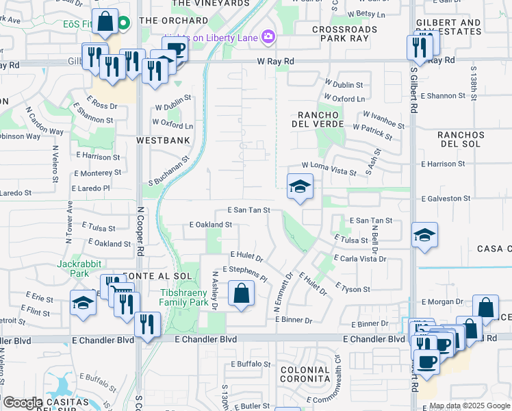 map of restaurants, bars, coffee shops, grocery stores, and more near 2402 East San Tan Street in Chandler