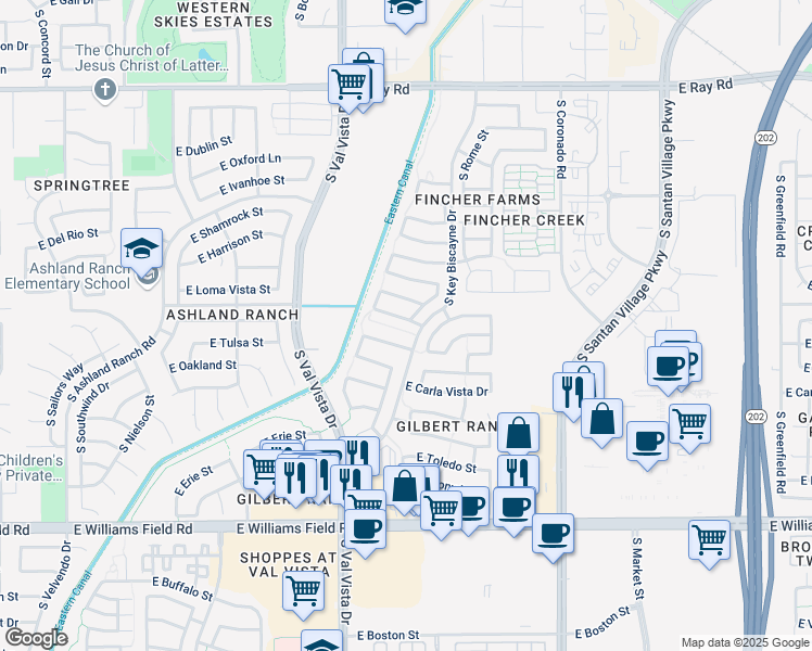 map of restaurants, bars, coffee shops, grocery stores, and more near 1723 East Milky Way in Gilbert