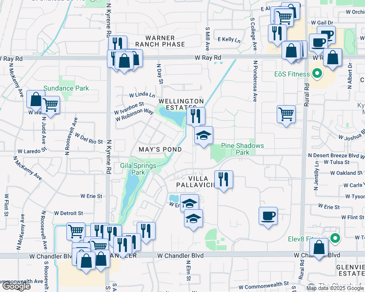 map of restaurants, bars, coffee shops, grocery stores, and more near 662 North Elm Street in Chandler