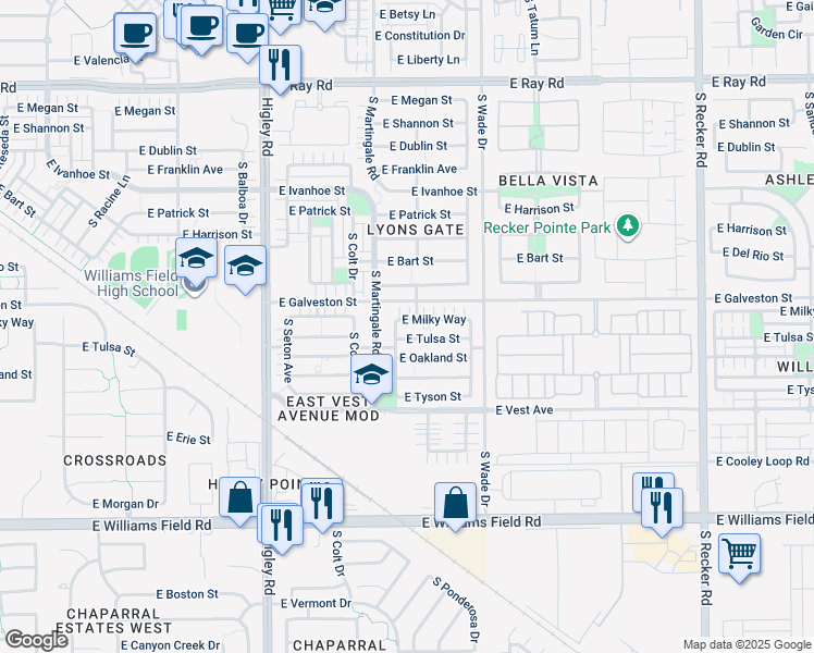 map of restaurants, bars, coffee shops, grocery stores, and more near 3461 East Milky Way in Gilbert