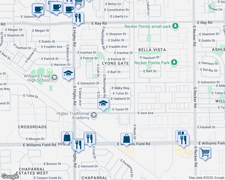 map of restaurants, bars, coffee shops, grocery stores, and more near 3461 East Milky Way in Gilbert