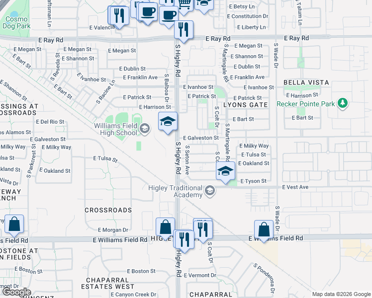 map of restaurants, bars, coffee shops, grocery stores, and more near 3255 East Milky Way in Gilbert