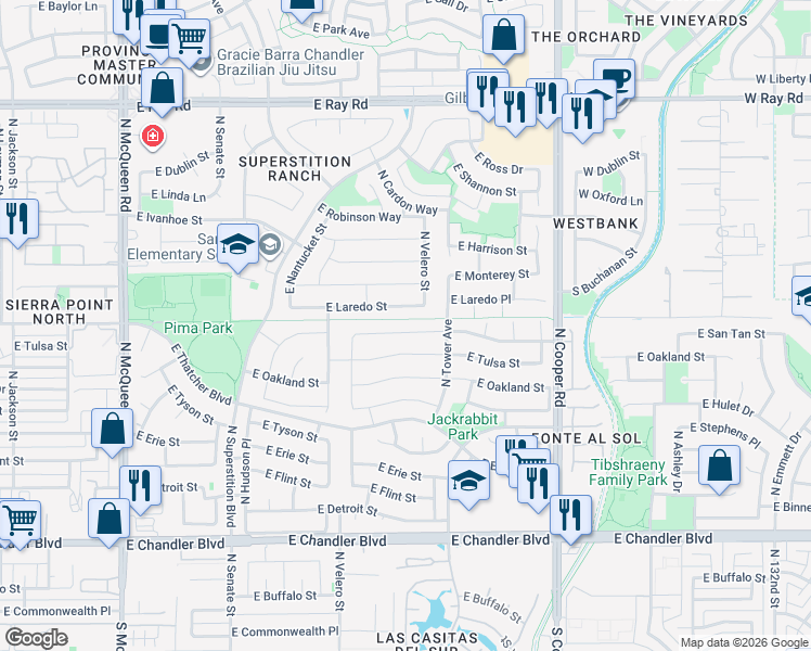 map of restaurants, bars, coffee shops, grocery stores, and more near 1620 East San Tan Street in Chandler