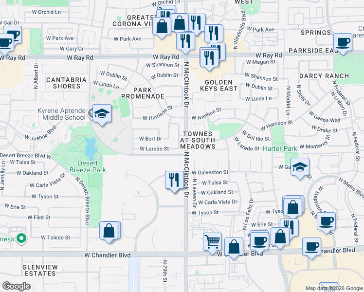 map of restaurants, bars, coffee shops, grocery stores, and more near 4066 West Laredo Street in Chandler