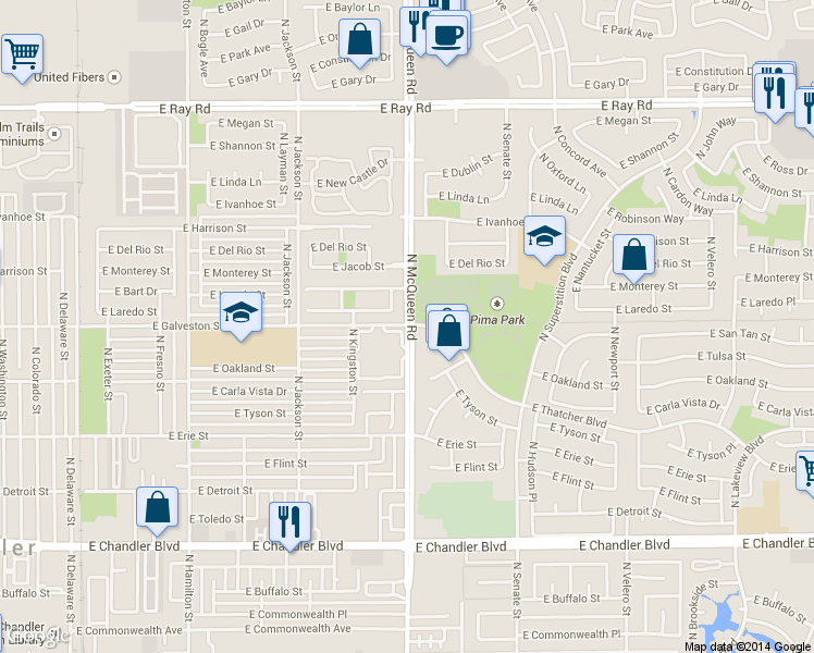 map of restaurants, bars, coffee shops, grocery stores, and more near 1051 East Thatcher Boulevard in Chandler