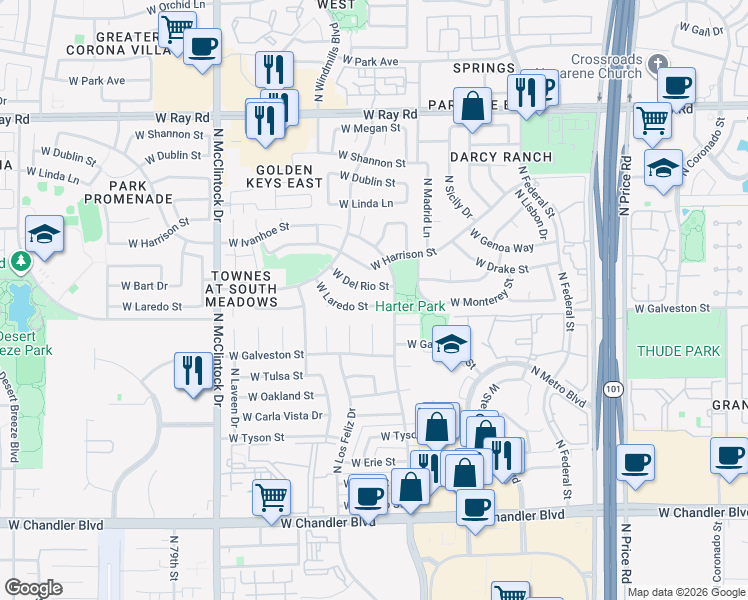 map of restaurants, bars, coffee shops, grocery stores, and more near 3616 West Laredo Street in Chandler