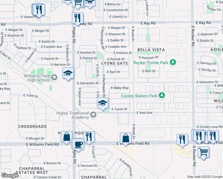 map of restaurants, bars, coffee shops, grocery stores, and more near 3461 East Milky Way in Gilbert