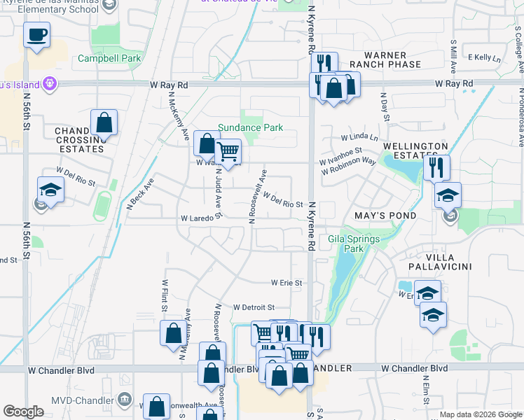 map of restaurants, bars, coffee shops, grocery stores, and more near 623 North Kristin Lane in Chandler