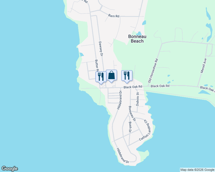 map of restaurants, bars, coffee shops, grocery stores, and more near 942 Black Oak Road in Bonneau