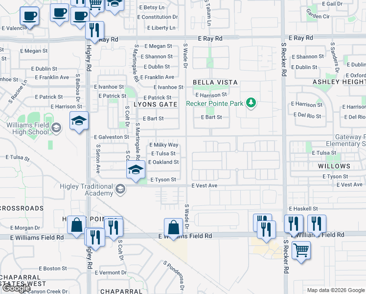 map of restaurants, bars, coffee shops, grocery stores, and more near 2041 South Ponderosa Drive in Gilbert