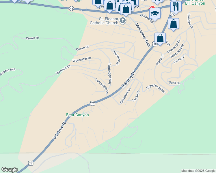 map of restaurants, bars, coffee shops, grocery stores, and more near 210 Cambridge Way in Ruidoso