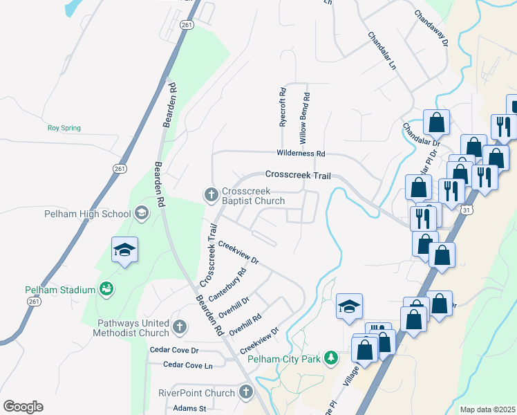 map of restaurants, bars, coffee shops, grocery stores, and more near 514 Cahaba Manor Lane in Pelham
