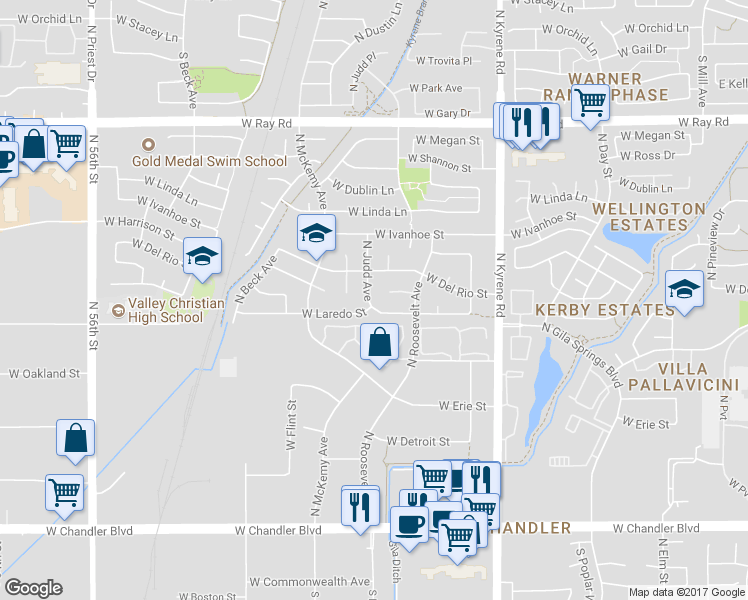 map of restaurants, bars, coffee shops, grocery stores, and more near 617 North Judd Avenue in Chandler
