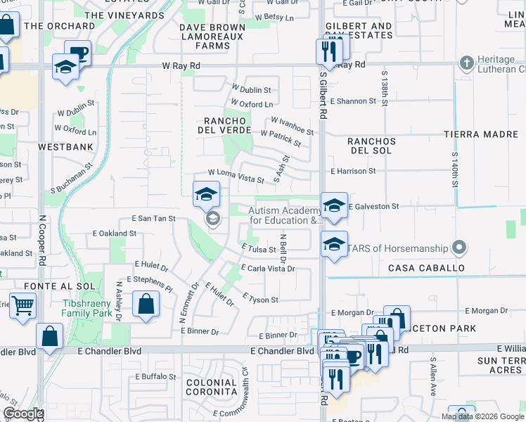 map of restaurants, bars, coffee shops, grocery stores, and more near 2804 East Cobalt Street in Chandler