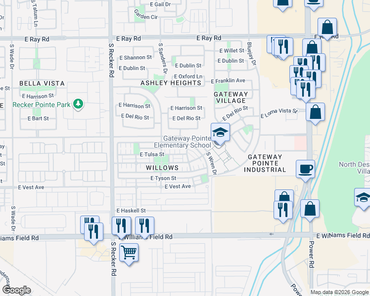 map of restaurants, bars, coffee shops, grocery stores, and more near 2052 South Heron Lane in Gilbert