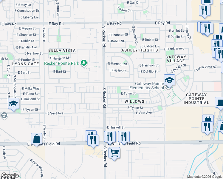 map of restaurants, bars, coffee shops, grocery stores, and more near 3 South Olympic Drive in Gilbert