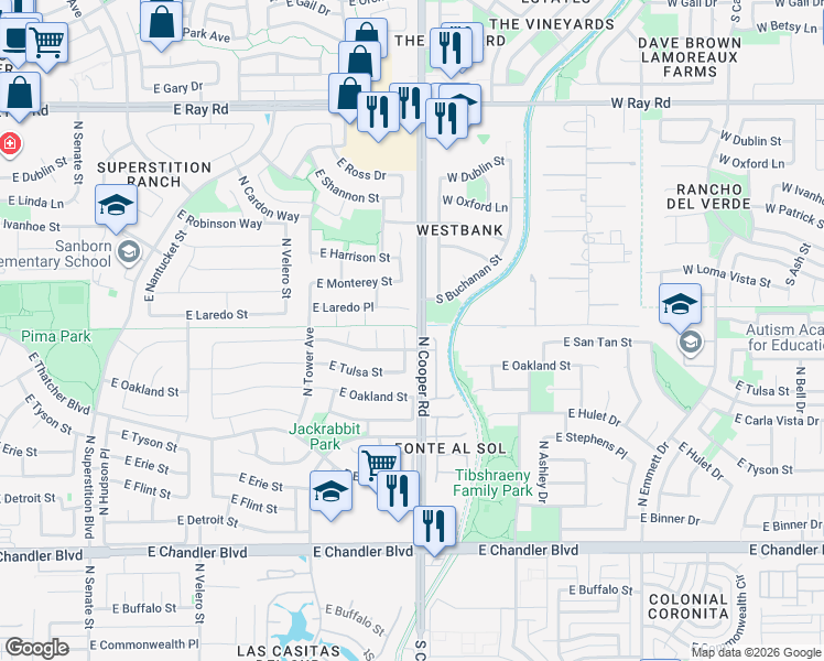 map of restaurants, bars, coffee shops, grocery stores, and more near 589 North Soho Court in Chandler