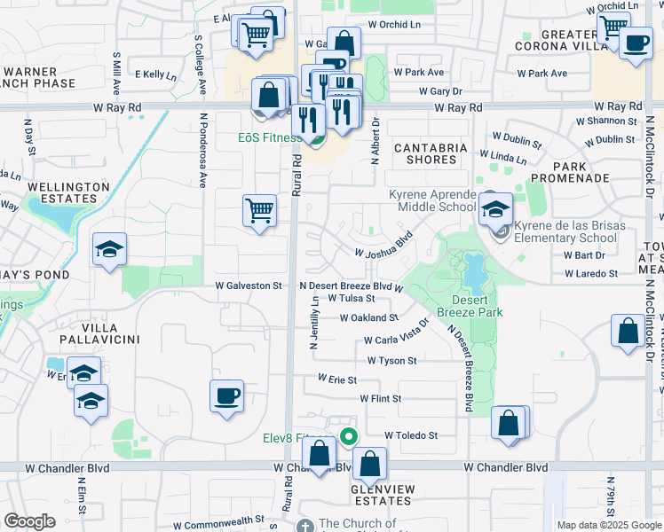 map of restaurants, bars, coffee shops, grocery stores, and more near 4909 West Joshua Boulevard in Chandler