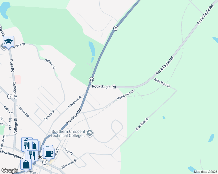 map of restaurants, bars, coffee shops, grocery stores, and more near 58 Rock Eagle Road in Monticello