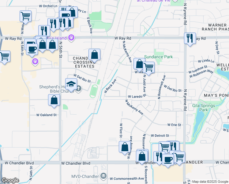 map of restaurants, bars, coffee shops, grocery stores, and more near 6425 West Monterey Street in Chandler