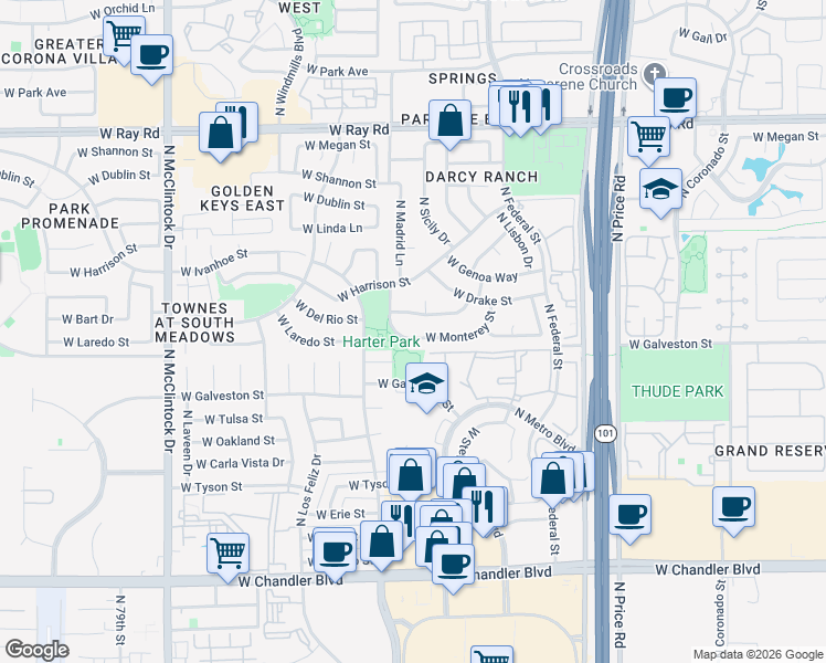 map of restaurants, bars, coffee shops, grocery stores, and more near 3392 West Monterey Street in Chandler
