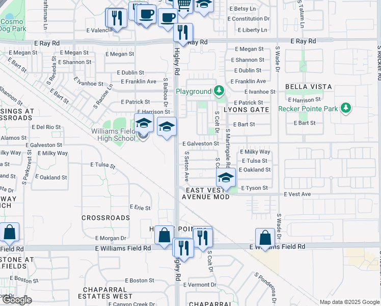 map of restaurants, bars, coffee shops, grocery stores, and more near 3255 East Milky Way in Gilbert