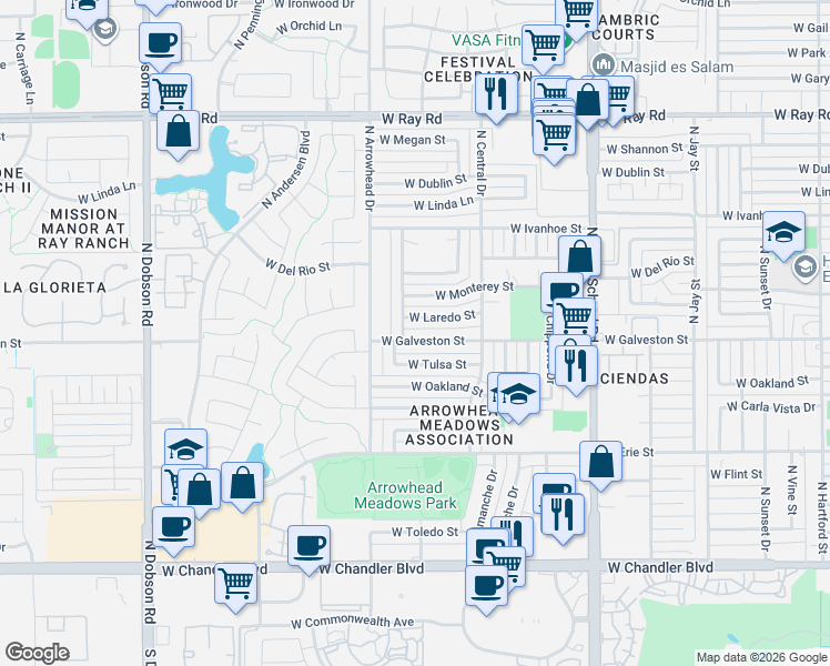 map of restaurants, bars, coffee shops, grocery stores, and more near 1264 West Galveston Street in Chandler