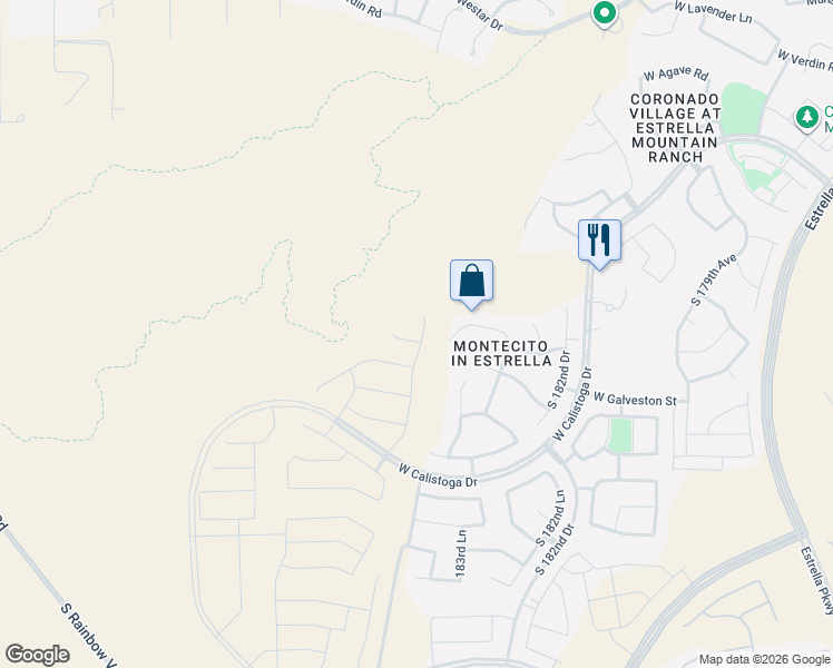 map of restaurants, bars, coffee shops, grocery stores, and more near 18510 West Desert Trumpet Road in Goodyear
