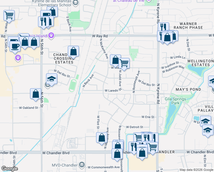 map of restaurants, bars, coffee shops, grocery stores, and more near 622 North McKemy Avenue in Chandler