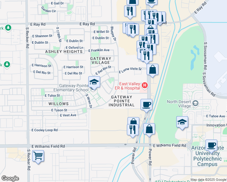 map of restaurants, bars, coffee shops, grocery stores, and more near 2055 Bluejay Drive in Gilbert