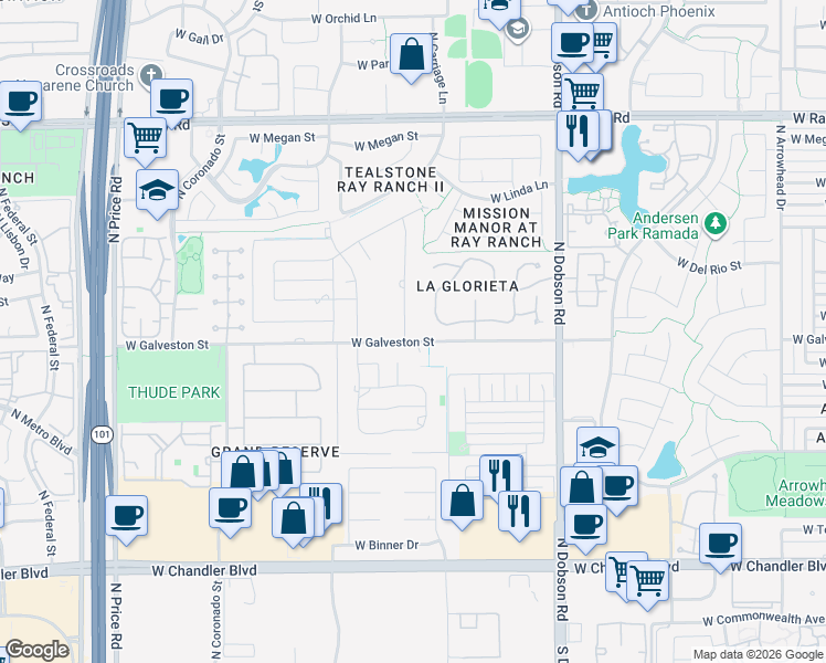 map of restaurants, bars, coffee shops, grocery stores, and more near 603 North Tamarisk Street in Chandler