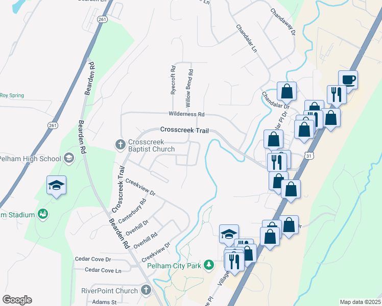 map of restaurants, bars, coffee shops, grocery stores, and more near 700 Cahaba Manor Drive in Pelham