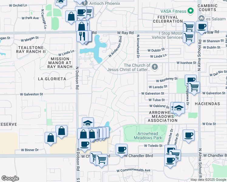 map of restaurants, bars, coffee shops, grocery stores, and more near 1670 West Laredo Street in Chandler