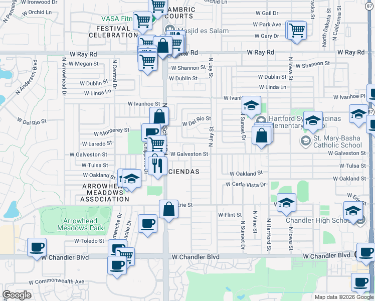 map of restaurants, bars, coffee shops, grocery stores, and more near 850 West Galveston Street in Chandler