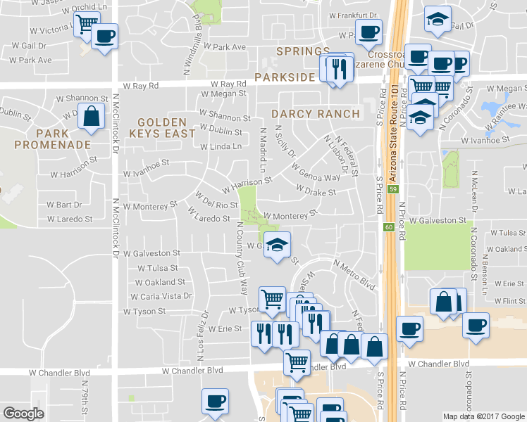 map of restaurants, bars, coffee shops, grocery stores, and more near 3392 W Monterey St in Chandler