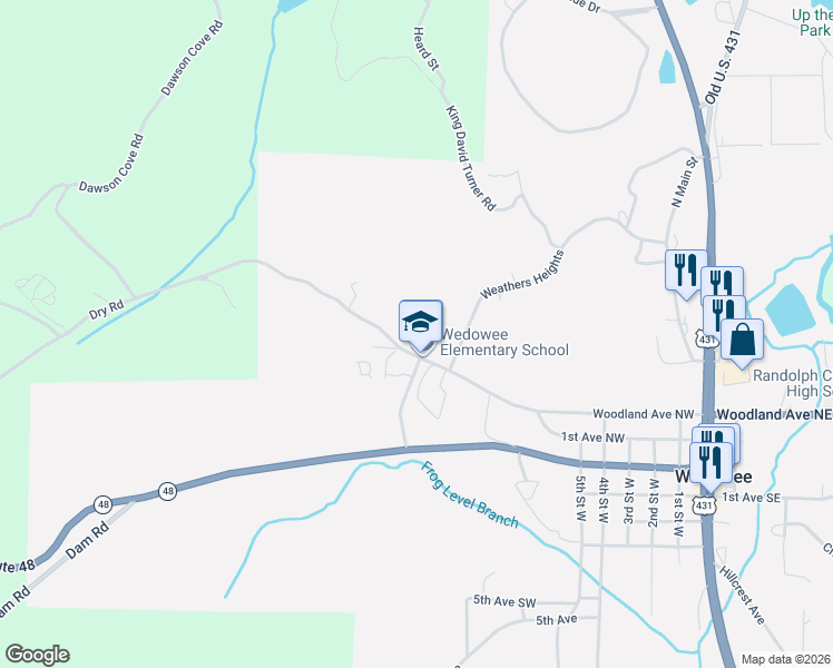 map of restaurants, bars, coffee shops, grocery stores, and more near Woodland Avenue Northwest in Wedowee