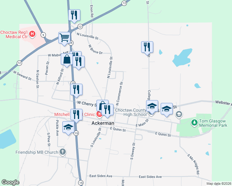 map of restaurants, bars, coffee shops, grocery stores, and more near 203 N Commerce St in Ackerman