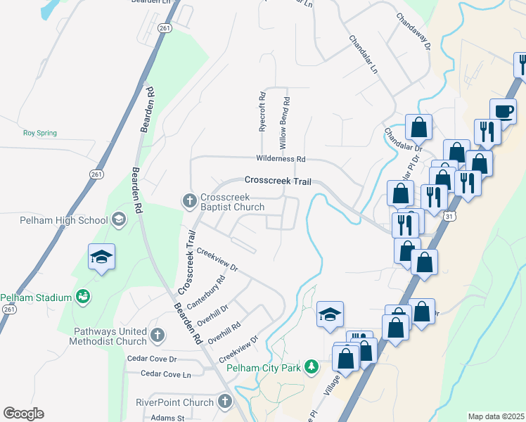 map of restaurants, bars, coffee shops, grocery stores, and more near 608 Cahaba Manor Lane in Pelham