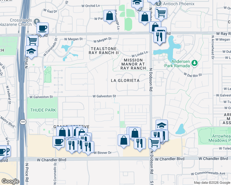 map of restaurants, bars, coffee shops, grocery stores, and more near 603 North Tamarisk Street in Chandler