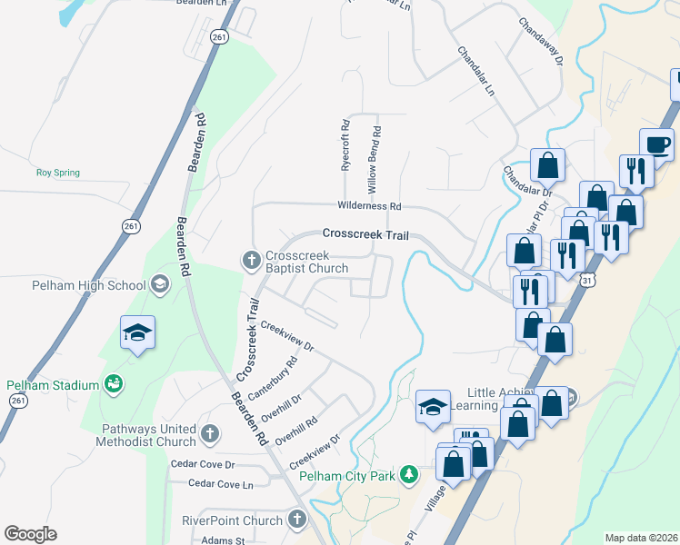 map of restaurants, bars, coffee shops, grocery stores, and more near 608 Cahaba Manor Lane in Pelham